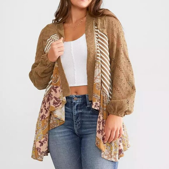 Miss Me Sweaters - Miss Me Pieced Crochet Cardigan Bone Beige M